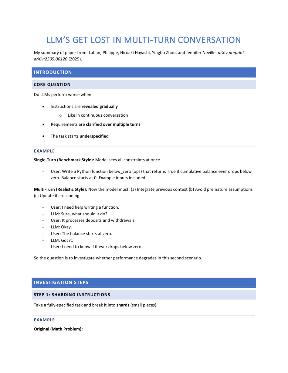 Page 1 of LLMs get lost in multi turn conversations.pdf